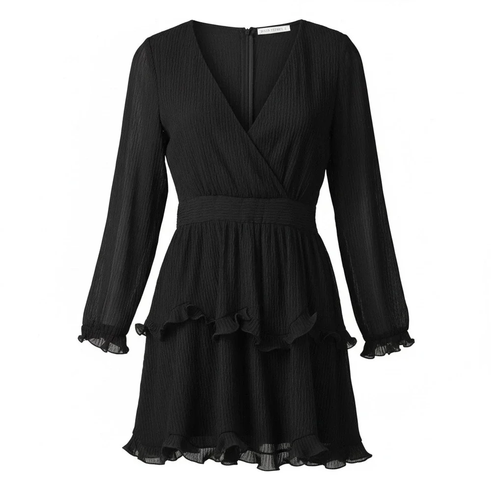 SAINTS SECRETS Black Crinkle Gauze Ruffle V Neck L/S Mini Dress LG Sheer Flirty